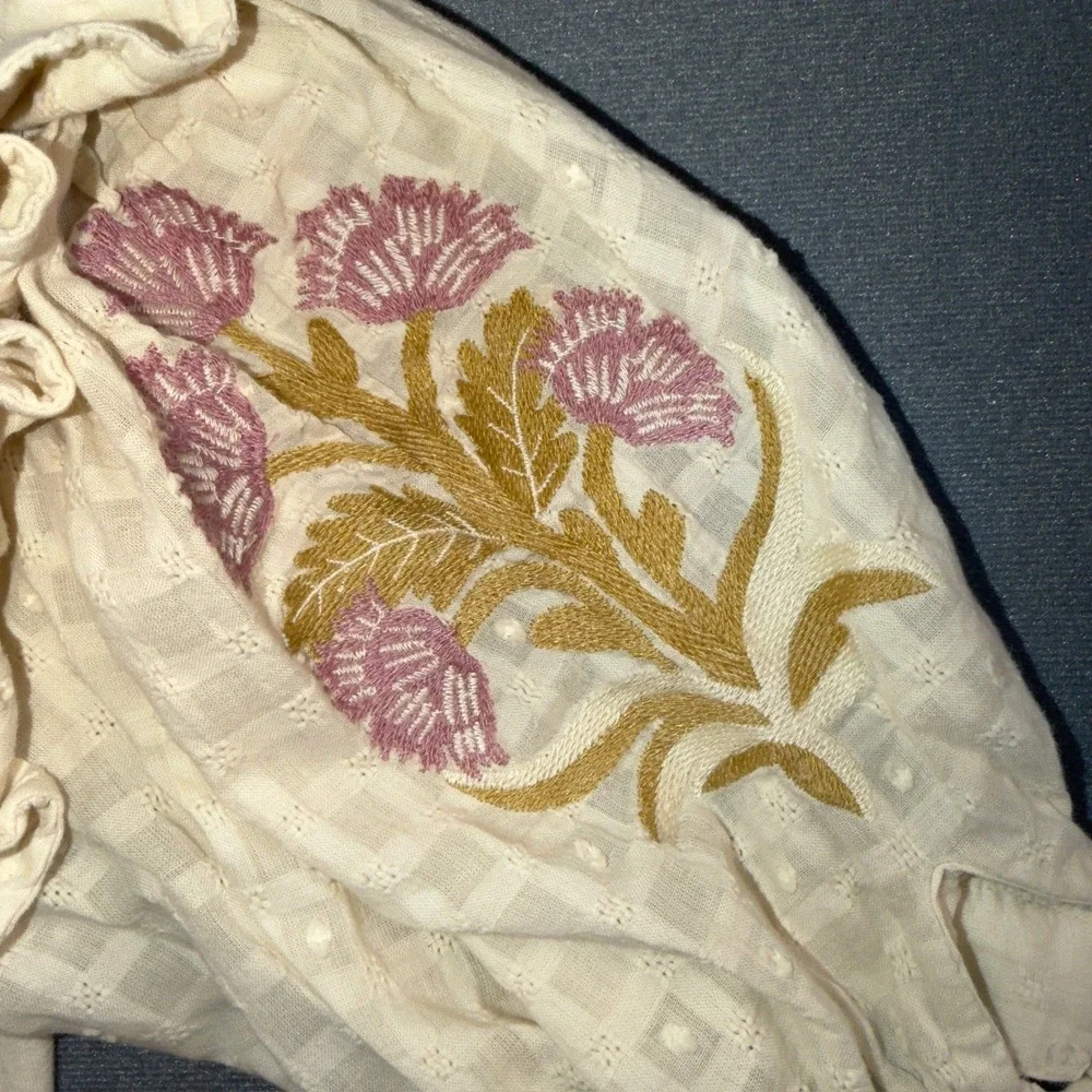 By Anthropologie Embroidered Puff Sleeve Top Cream Floral XS OB2006135